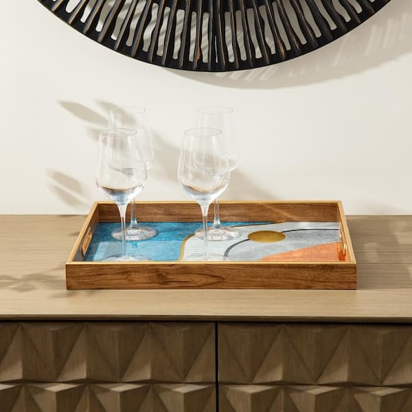 Decorative Trays Geometric Print Modern Boho Wood Toned Metal Handles