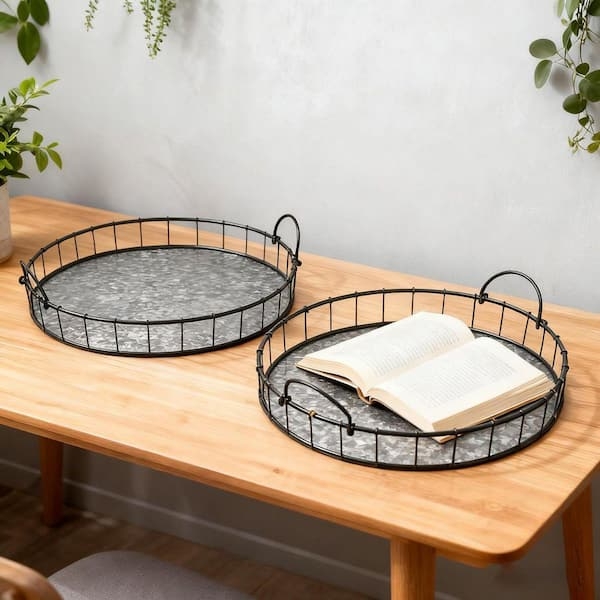 Decorative Trays, Nested Set of 2, Matte Gray Textured Iron, Round