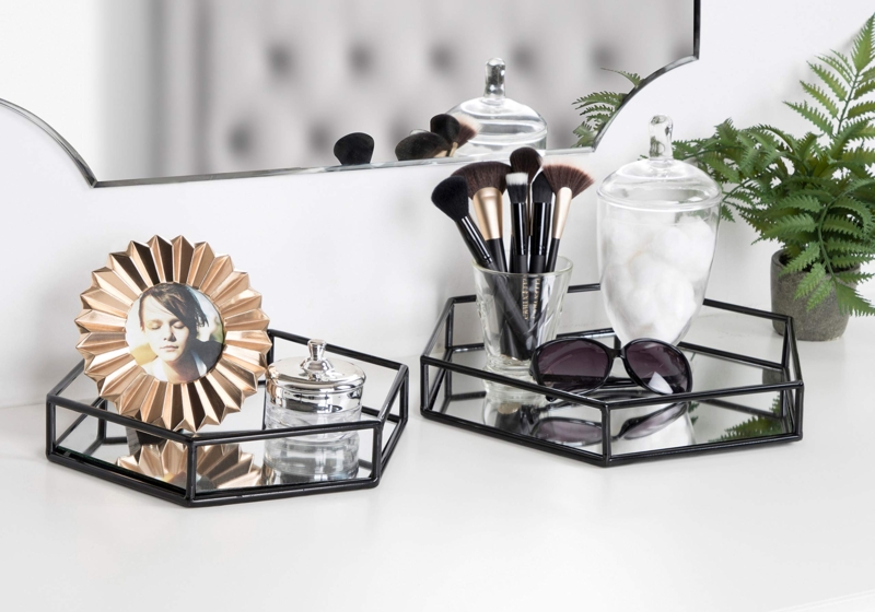 Decorative Trays Nesting Set Black Hexagonal Cutouts Mirrored Base