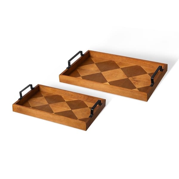Decorative Trays Parquet Texture Metal Handles Set