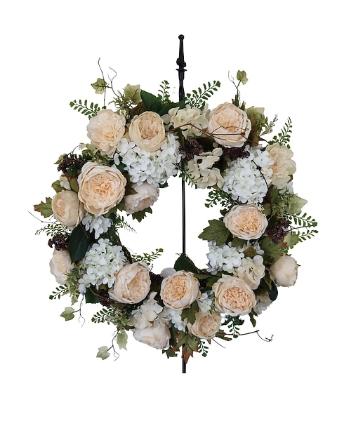 Decorative Wreath on Display Stand with Grapevine Base & Cream Flowers