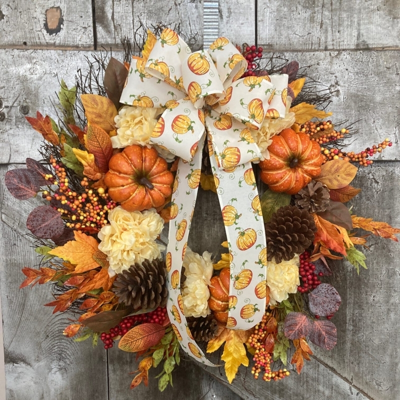 Decorative Wreath with Buffalo Plaid Bow, Rustic Autumn Harvest Wreath
