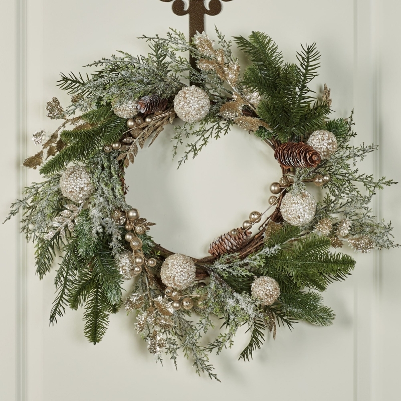Decorative Wreath with Metallic Red Baubles, Frosted Ice, Traditional