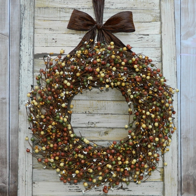 Decorative Wreath with Tri-Color Berries, Granular Texture, Farmhouse Decor
