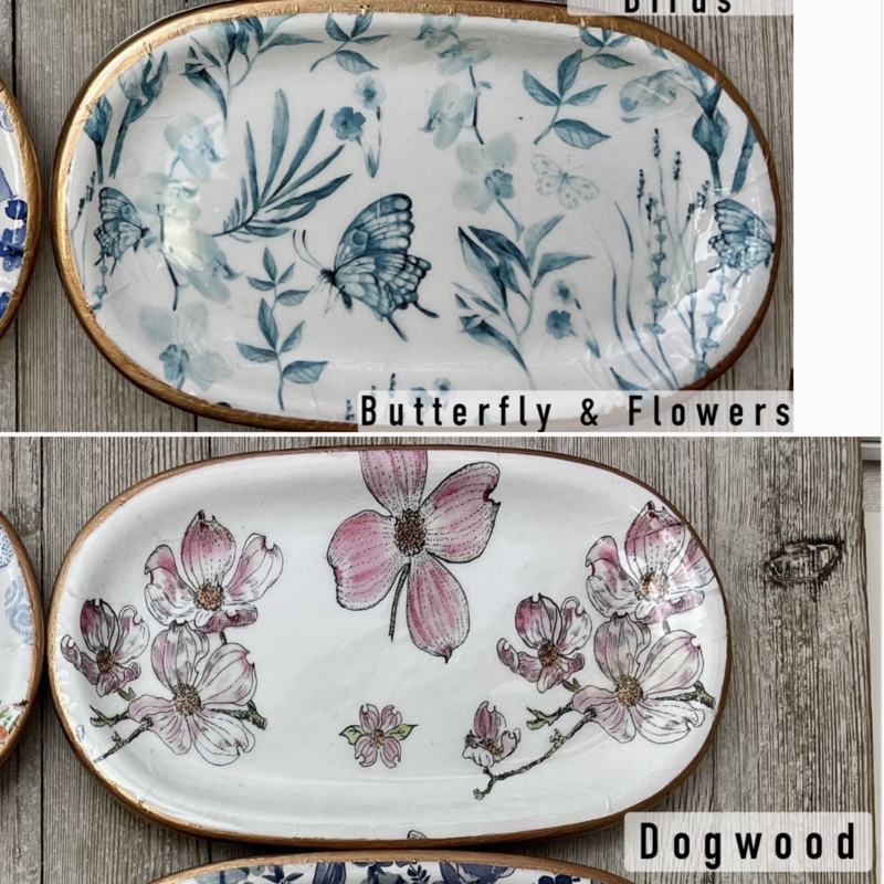 Decoupage Artwork Ceramic Trays with Bird Motifs, Floral Print Tray Set