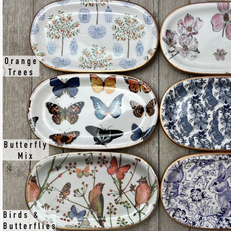 Decoupage Illustrations Ceramic Trays, Botanical Home Decor Accents