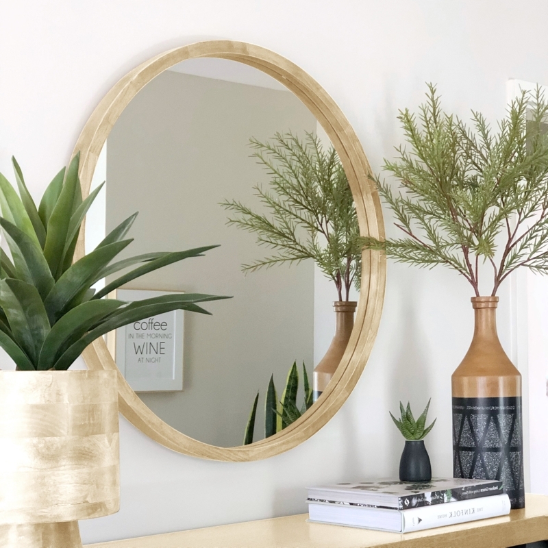 Deep Set Wall Mirror with Round Silhouette in Natural Wood Tone decor