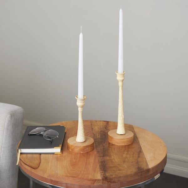 Dimpled Metal Candle Holder Set, Cream Tapered with Wood Base