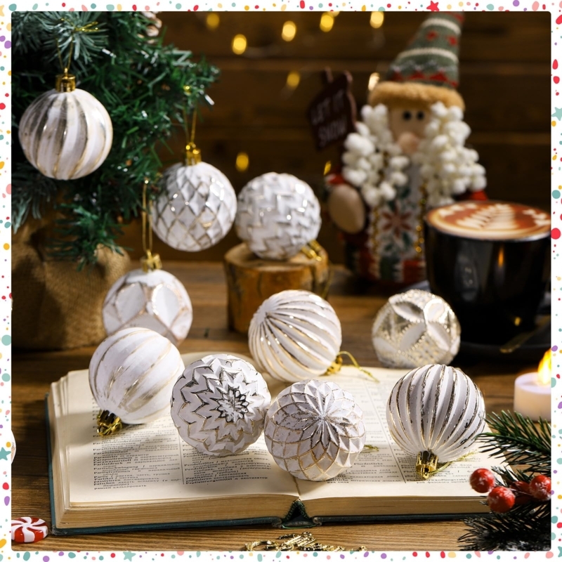 Distressed Ball Ornaments Crackled Stucco Finish Velvet Ties Farmhouse