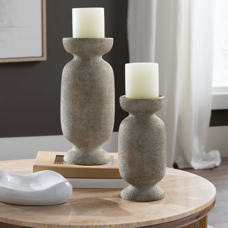 Distressed Cream Candlestick Set, Turned Spindle Farmhouse Decor