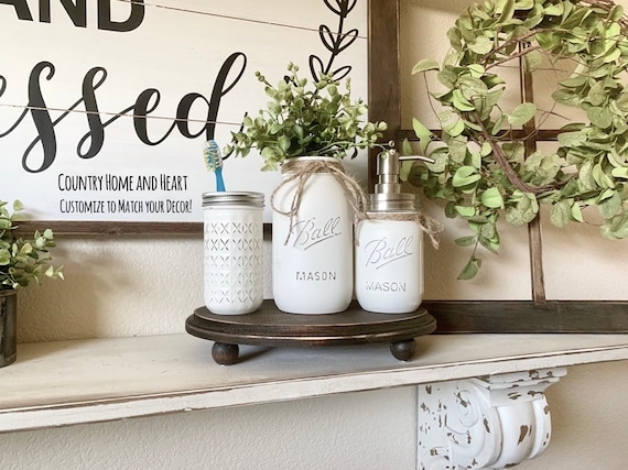 Distressed Mason Jar Bathroom Set on Wood Tray with Knob Feet