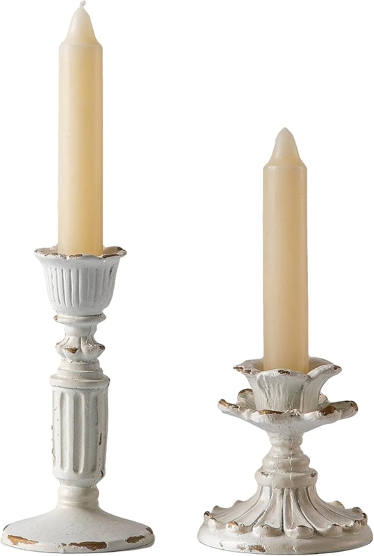 Distressed Off-White Candlestick Holder Set with Floral Carving