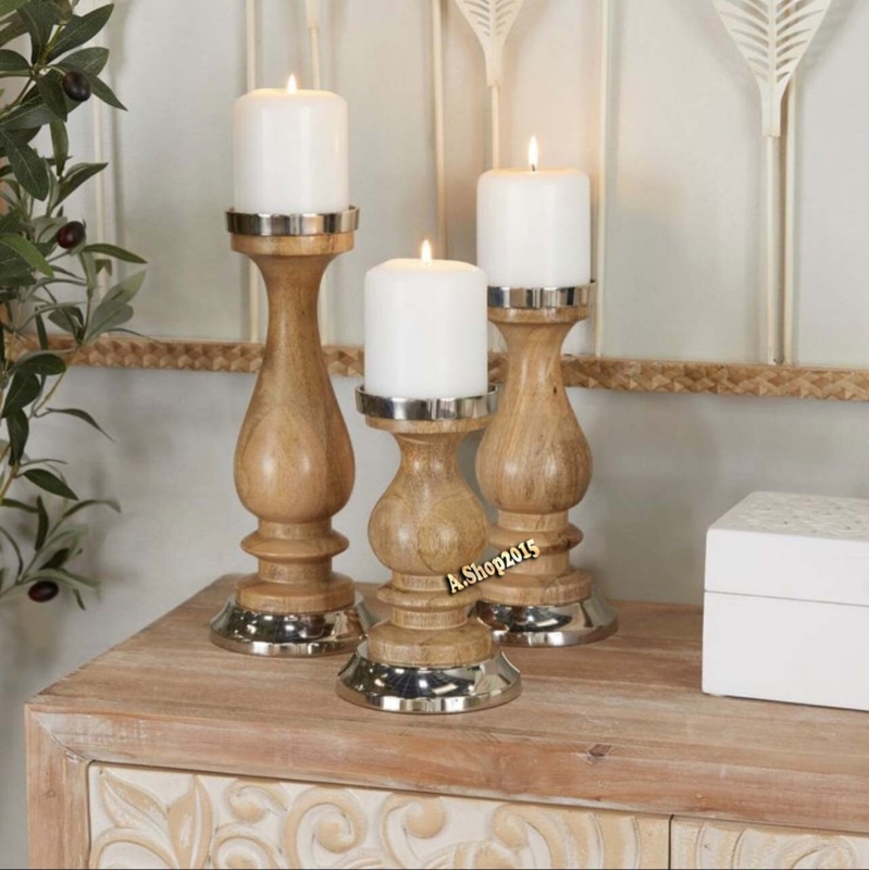 Distressed Whitewash Spindle Pillar Holder Set Farmhouse