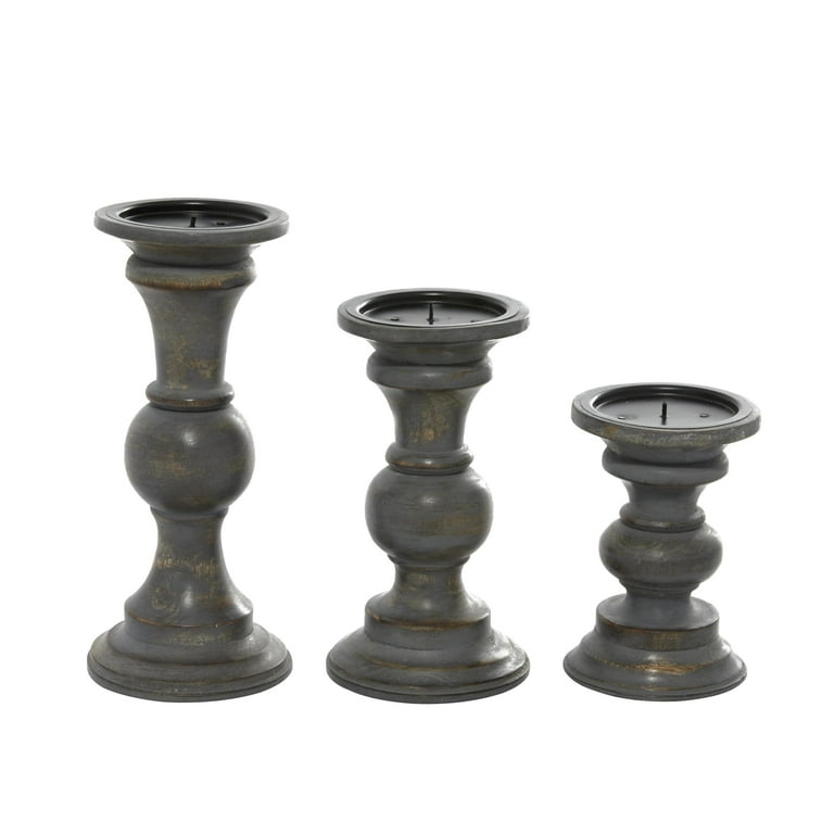 Distressed Wood Pillar Candle Holder Set Gray Turned Staggered Rustic