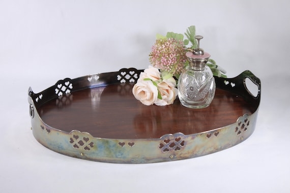 Distressed Wood Rectangular Serving Tray Metal Handles Heart Cutouts