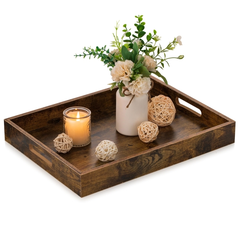 Distressed Wood Serving Tray with Cutout Handles for Living Room