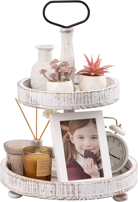 Distressed Wood Tiered Tray Stand with Beaded Edge Detail