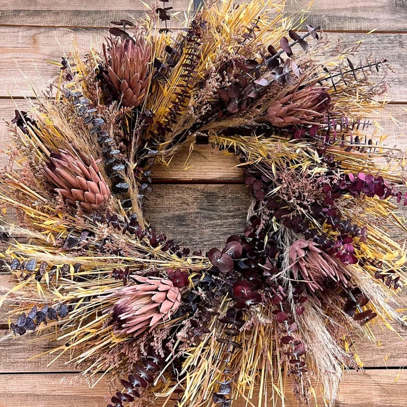 Dried Floral Wreath, Dried Strawflowers and Sunset Palette, Warm Decor