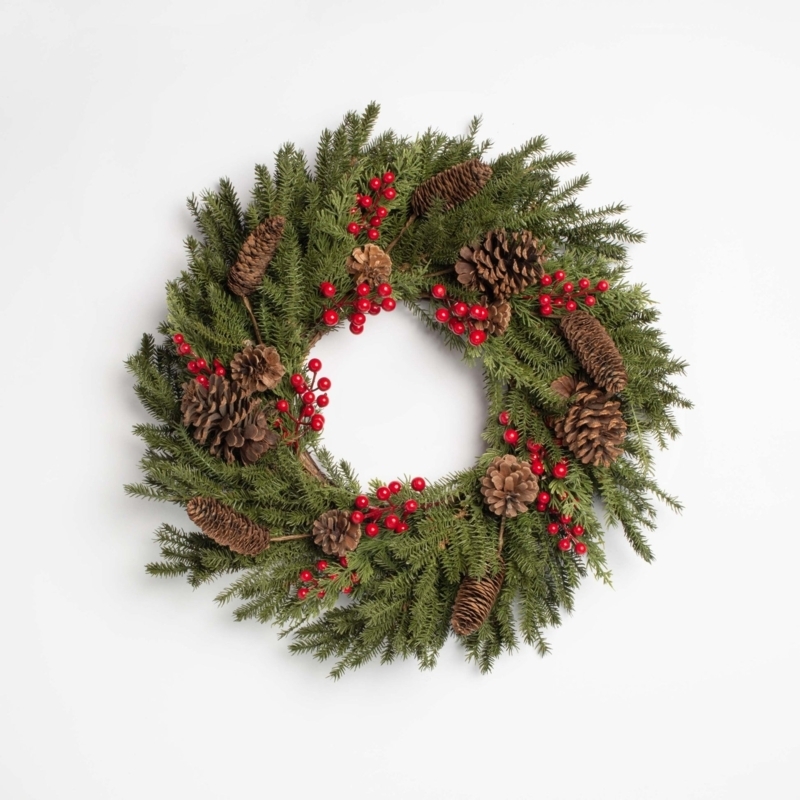 Earthy Holiday Mantel Decor Idea Wreath with Mixed Foliage Density