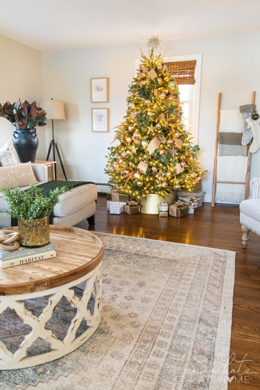 Elegant Decorated Christmas Tree with Rose Gold and Sage Green Ribbon