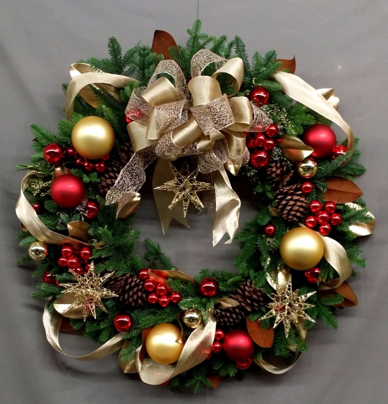 Elegant Holiday Wreath featuring Oversized Poinsettias and Gold Foliage