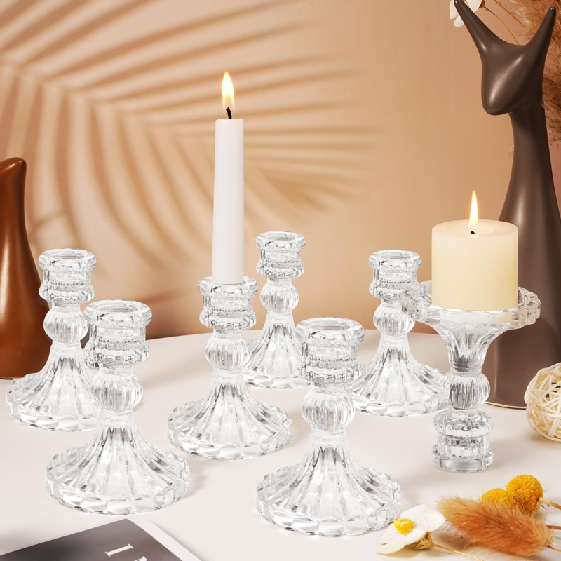 Elegant Ribbed Glass Candlestick Holder Set, Tiered Circular Base