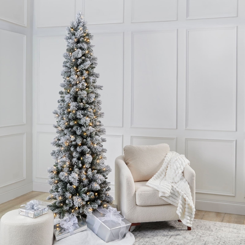 Elegant Slim Flocked Christmas Tree Warm LED Twinkle Effect Decor