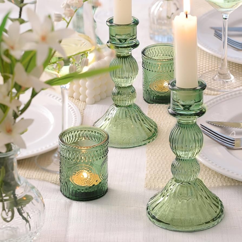 Emerald Green Candlestick Holder Set Ribbed Glass Vintage Table Decor