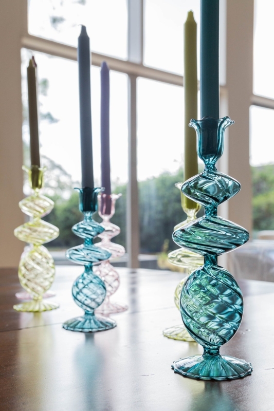Emerald Green Glass Candlestick Set Spiral Swirl Texture Artisan