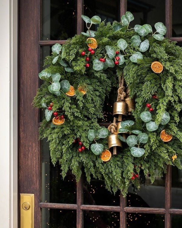 Evergreen Wreath with Brown Velvet Ribbon and Pinecones