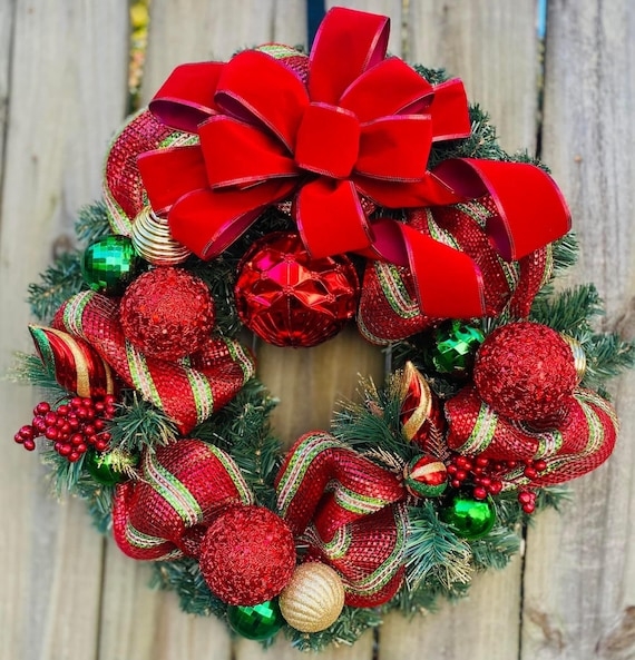 Evergreen Wreath with Oversized Velvet Bow and Berry Accents
