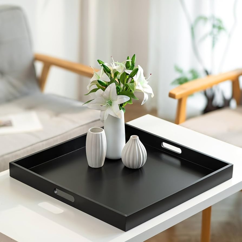Extra Large Square Decorative Tray with Cutout Handles for Ottomans