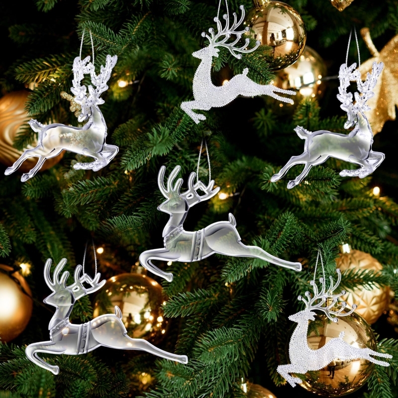 Faceted Acrylic Reindeer Christmas Ornaments Set Clear Holiday Decor