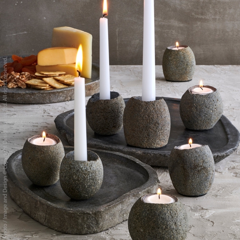Faceted Stone Candle Holder Set, Organic Modern Style, Tiered Heights