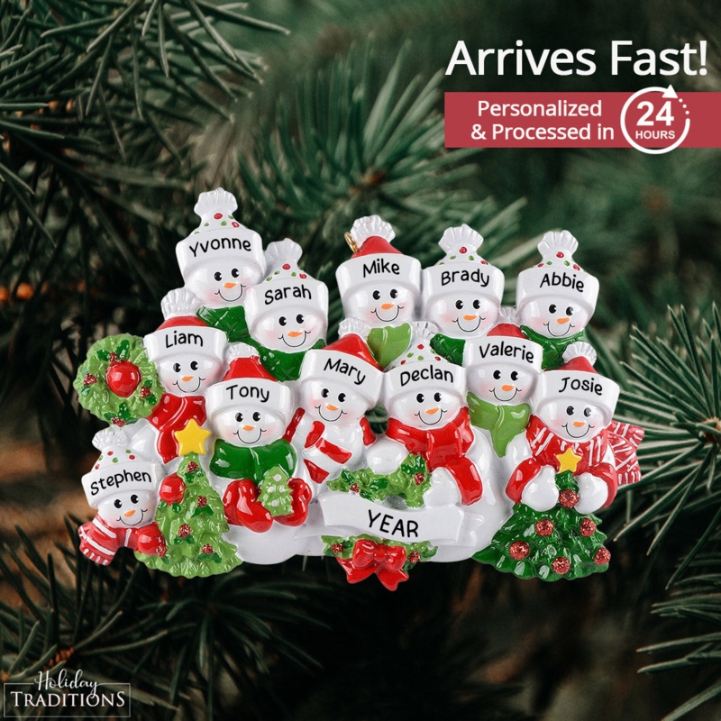 Family Snowman Ornament, Personalized for 12, Tiered Design