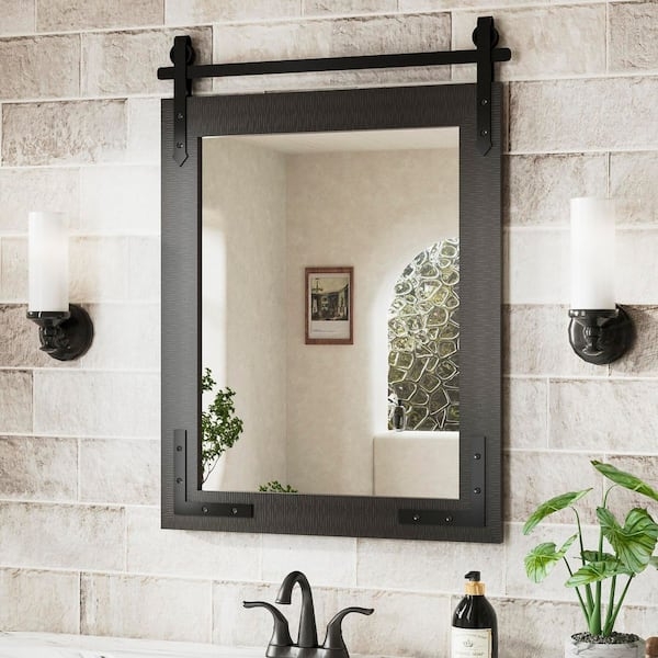 Farmhouse Bathroom Vanity Mirror with black barn door hardware