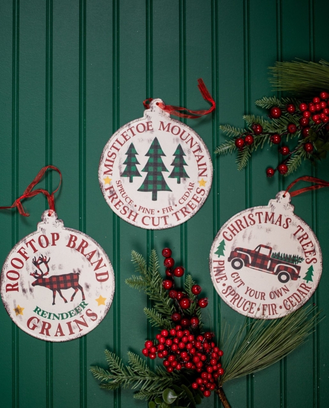 Farmhouse Buffalo Check Christmas Ornaments Corrugated Metal Edges