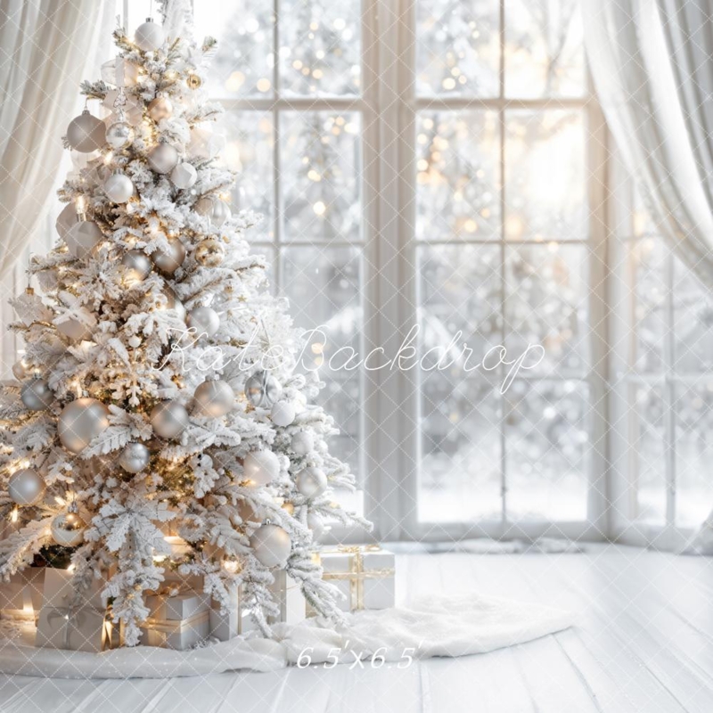 Farmhouse Christmas Tree in Sunroom with Snowy Window View Decor