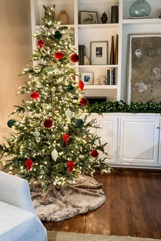 Farmhouse Christmas Tree with Striped Ribbon and Woven Basket Base