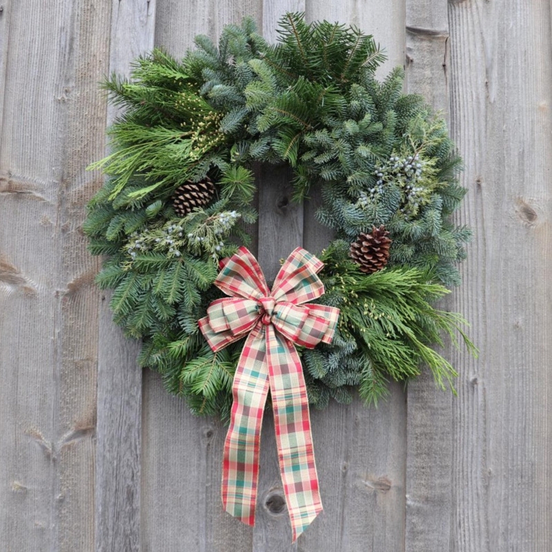 Farmhouse Christmas Wreath Large Holiday Bow Pine Cones