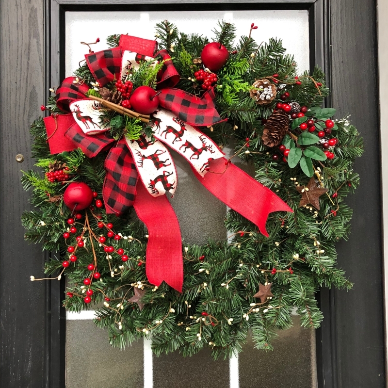Farmhouse Christmas Wreath with Buffalo Check Bow Reindeer Decor