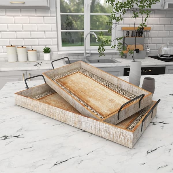 Farmhouse Decorative Tray Set, Whitewashed Nesting with Metal Handles
