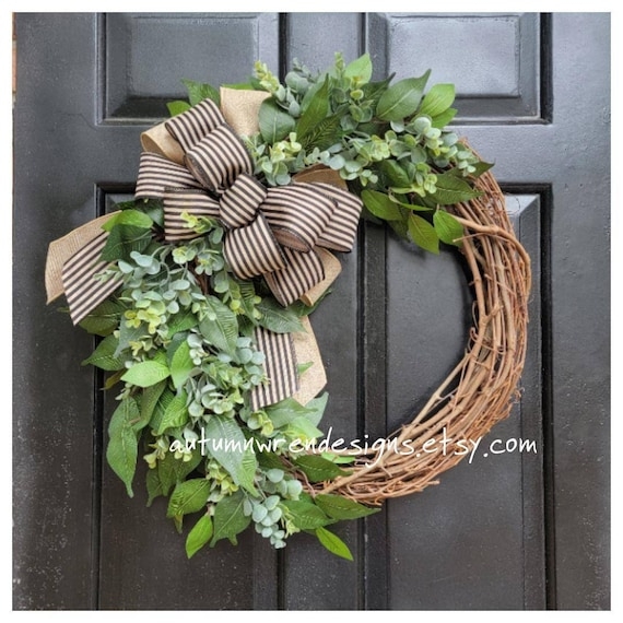 Farmhouse Eucalyptus Wreath with Black Striped Bow for Front Door Decor