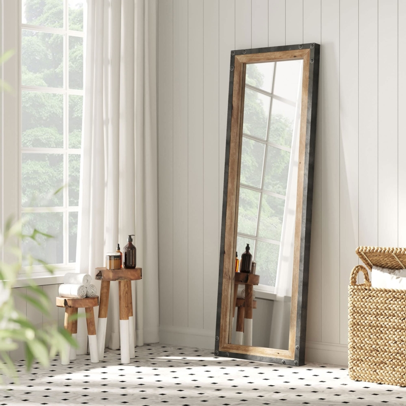 Farmhouse Floor Mirror with Rustic Windowpane Grid Design