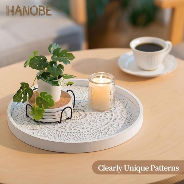 Farmhouse Round Whitewashed Wood Tray with Black Metal Handles