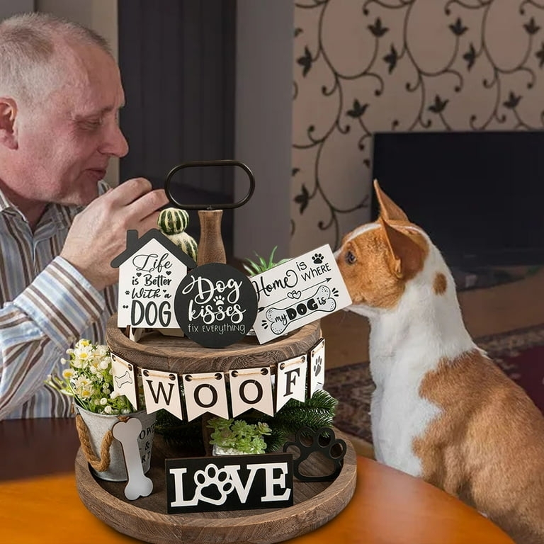 Farmhouse Rustic Wooden Dog Signs Tiered Tray Decor Set (61 characters)