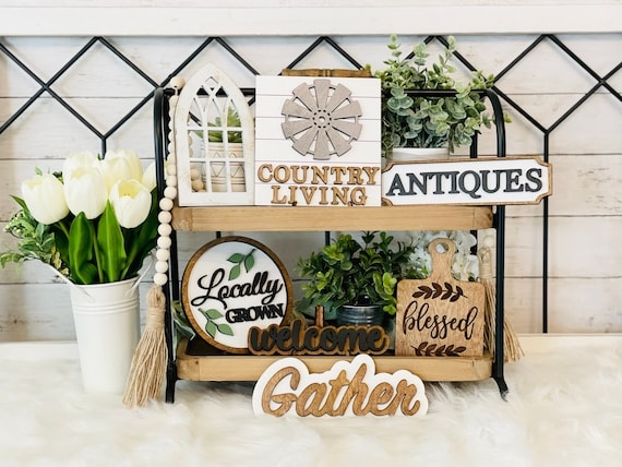 Farmhouse Tiered Tray Decor Set with Black and White Mini Signs