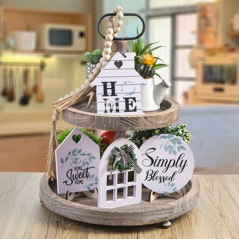 Farmhouse Tiered Tray Decor Set with Mini Rolling Pin and Bead Garland