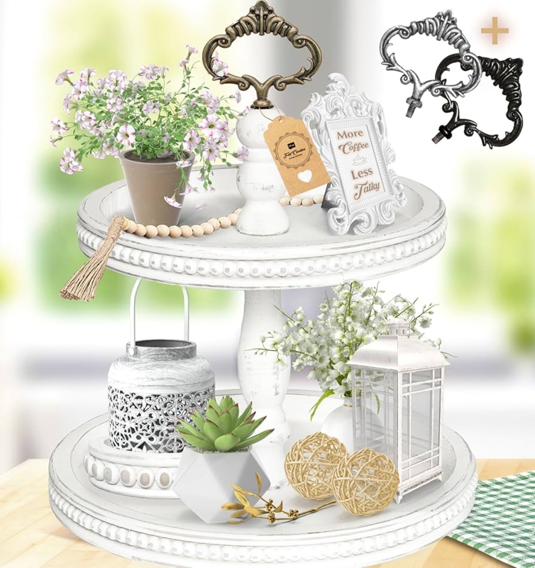 Farmhouse Tiered Tray with Beaded Trim and Whitewashed Turned Handle