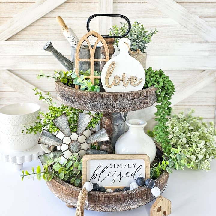 Farmhouse Tray Decor Bundle with Bead Garland and House Sign